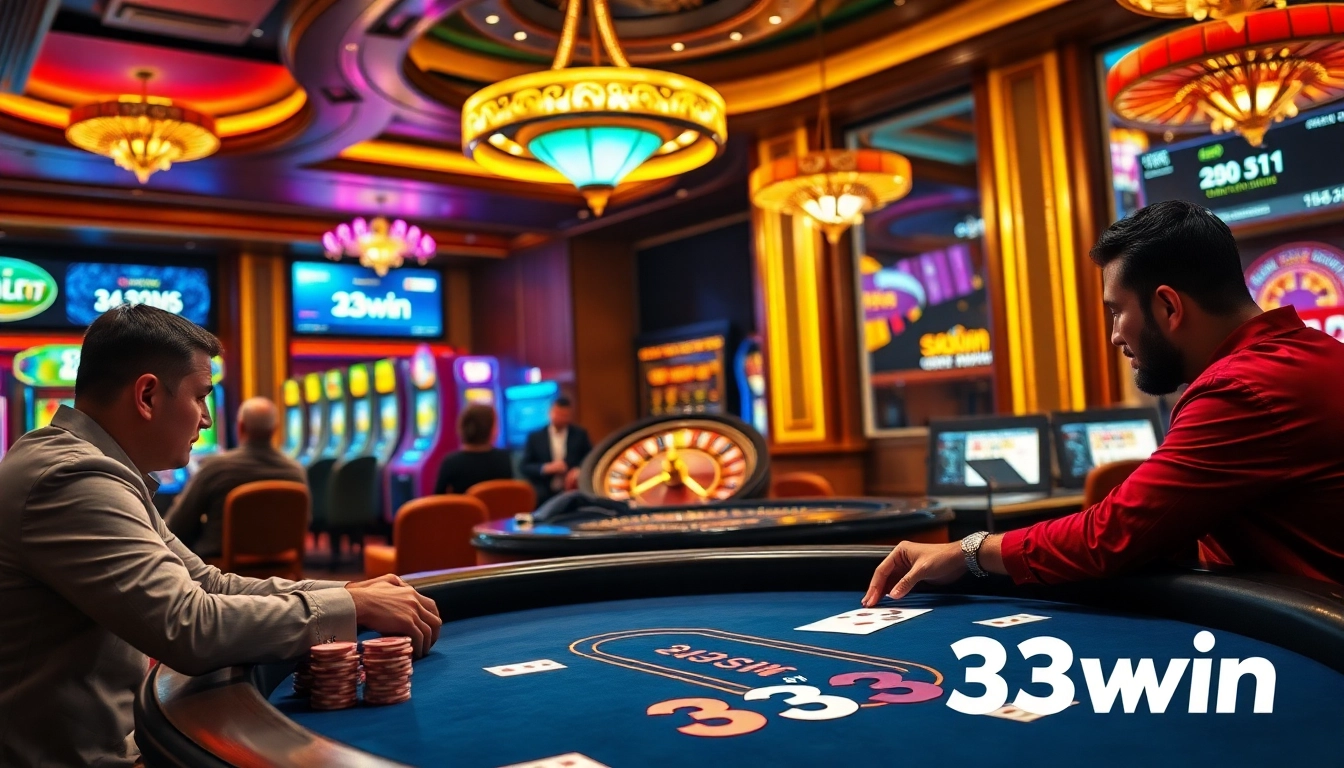 Intense poker action at a 33win casino table with chips, beautiful lighting, and a roulette wheel.