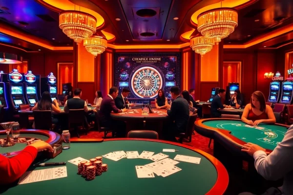 Experience the thrill of gambling at https://78win.id/ with players engaged at a lively casino.