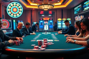Players enjoying a high-stakes poker game at a luxurious casino table, enhancing their experience with .