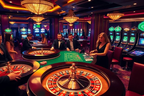 C168 gamblers strategizing at an elegant casino table with vibrant roulette wheels and sleek slot machines.