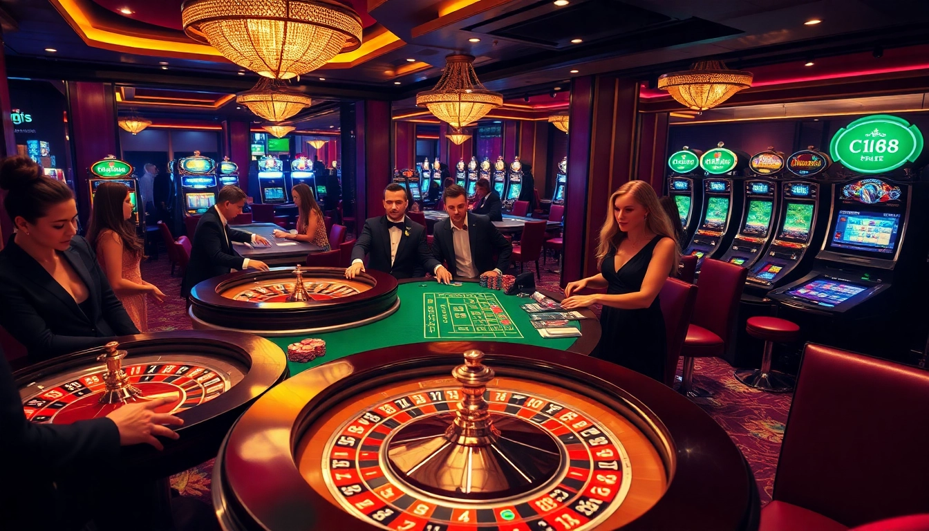 C168 gamblers strategizing at an elegant casino table with vibrant roulette wheels and sleek slot machines.