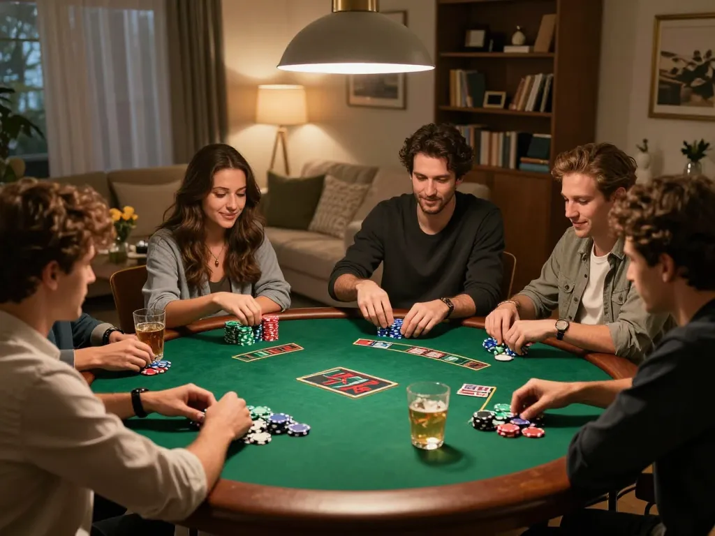 cm88 players enjoying a lively poker game at home with colorful chips and warm lighting