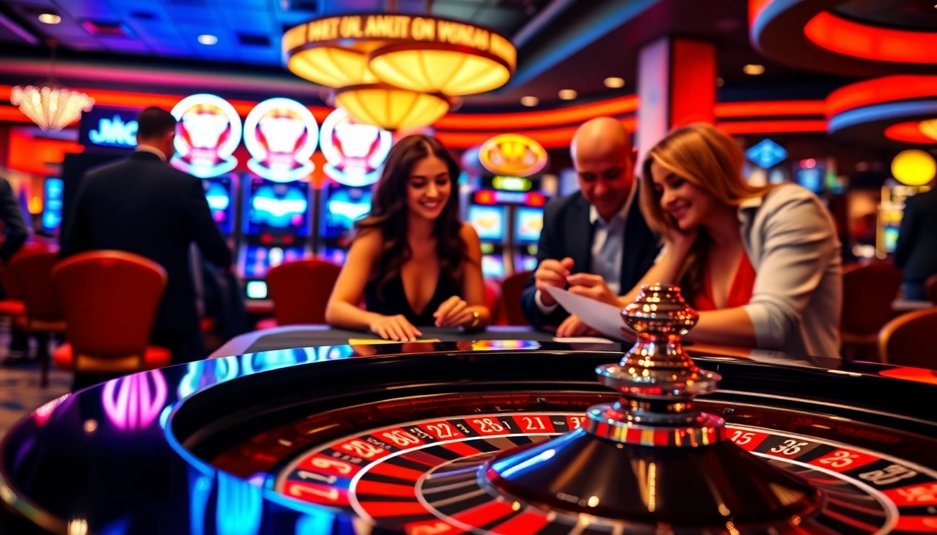 Jouez à une expérience captivante de casino en ligne avec des joueurs autour d'une table de roulette.