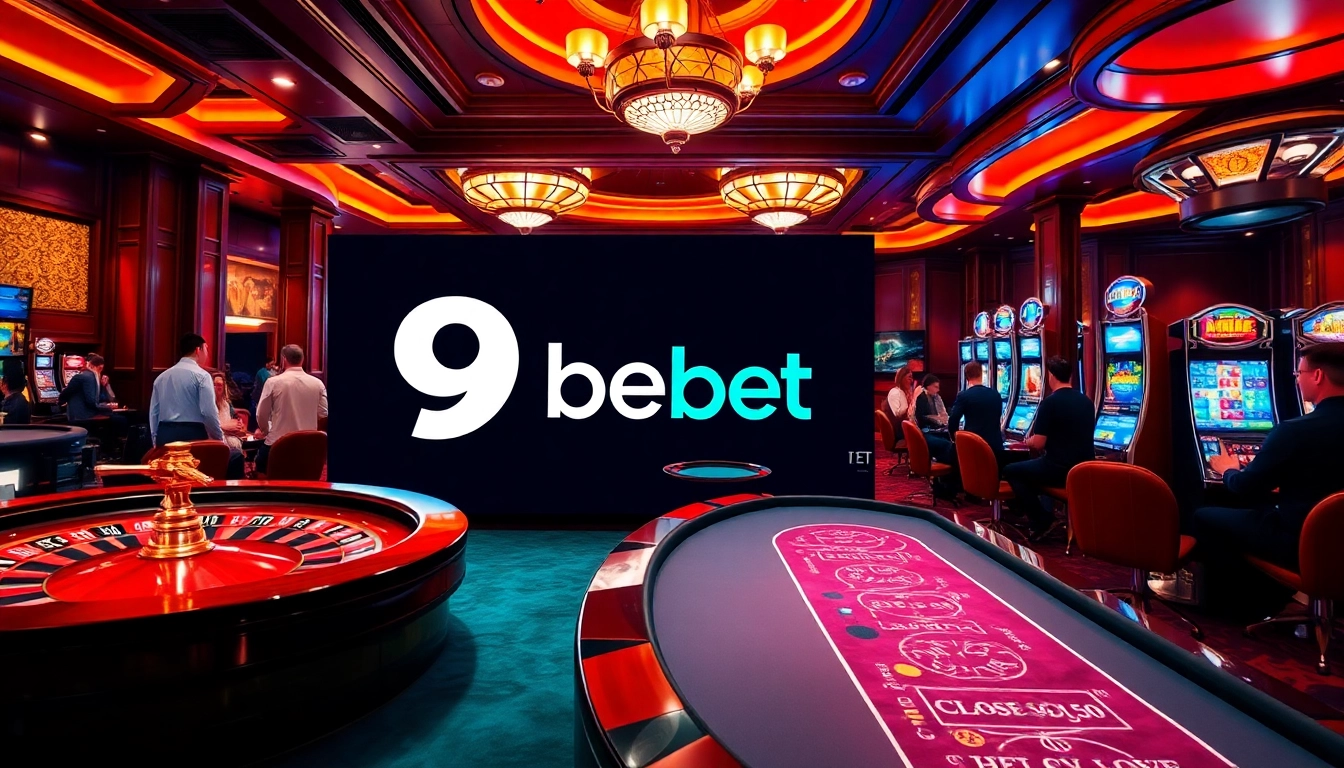 Exciting casino scene featuring players at a 9bet roulette wheel and poker table