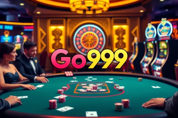Engage in high-stakes poker at Go99's luxurious casino featuring vibrant lights and classic gambling elements.